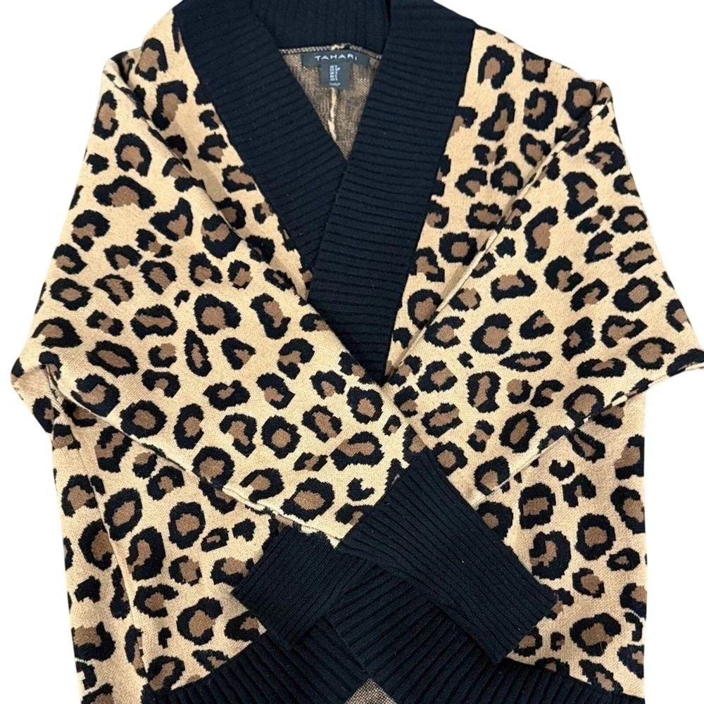 Tahari Cardigan Sweater‎ Womens Small Tan Leopard Print Open Front Ribbed Trim